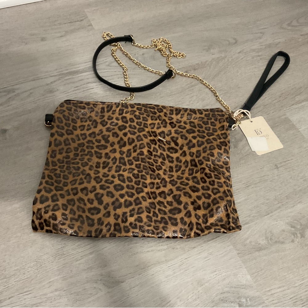 Leopard Print Clutch with Gold Chain
